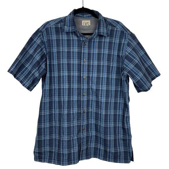 L.L. Bean Blue Plaid Button Down Short Sleeve Collared Mesh Vented Top-Medium - Picture 1 of 6